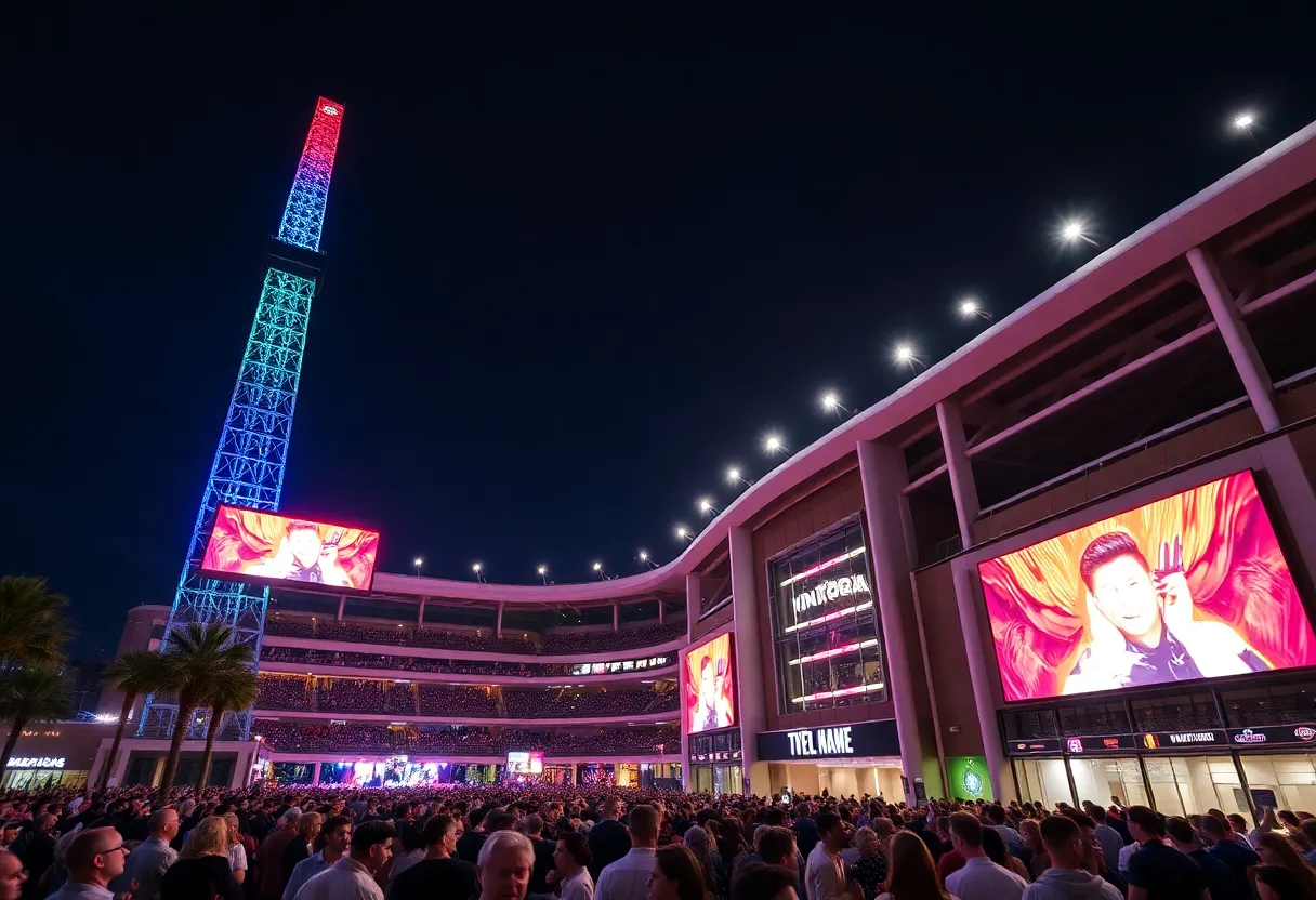 Kia Center in Orlando celebrating its anniversary with a vibrant atmosphere and large LED displays.