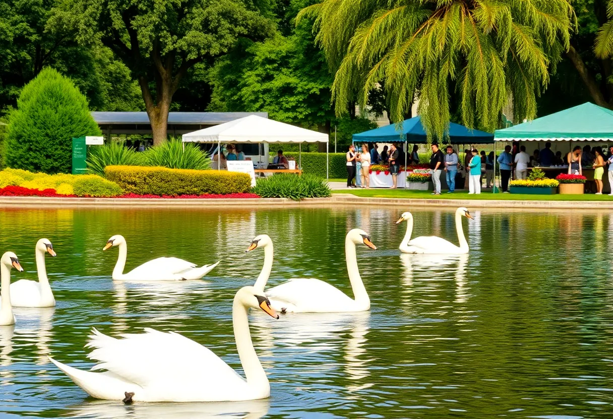 View of Lake Eola Park with swan boats and a farmers market