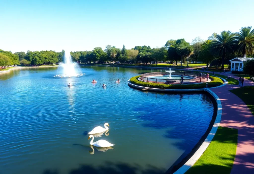 Beautiful view of Lake Eola Park featuring swan boats and a fountain