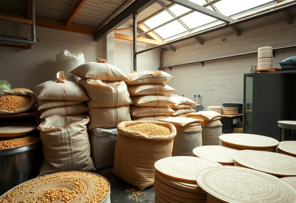 Interior view of the Masamor masa production facility with corn and tortilla-making equipment.