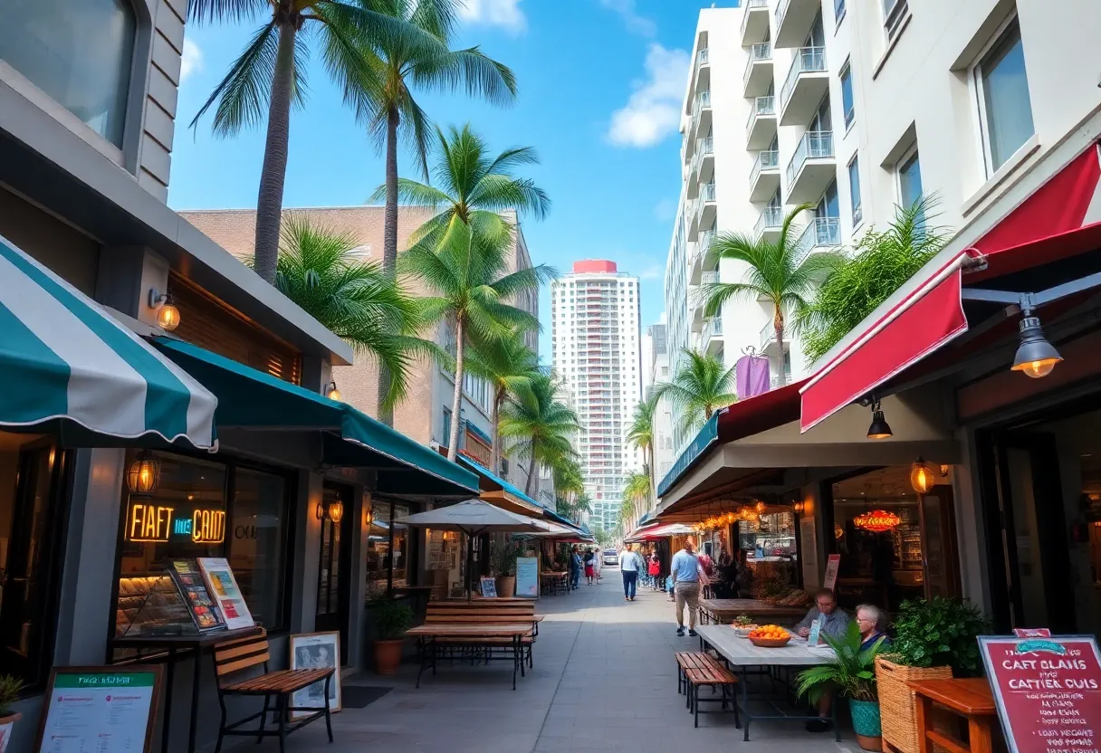 Street view of Miami featuring diverse restaurants and outdoor dining.