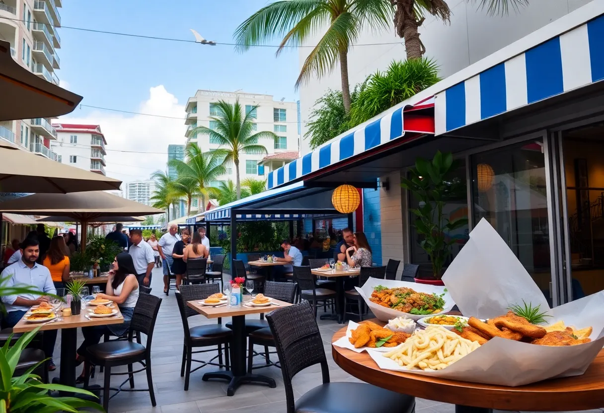 A bustling street in Miami filled with diverse restaurants and outdoor dining.