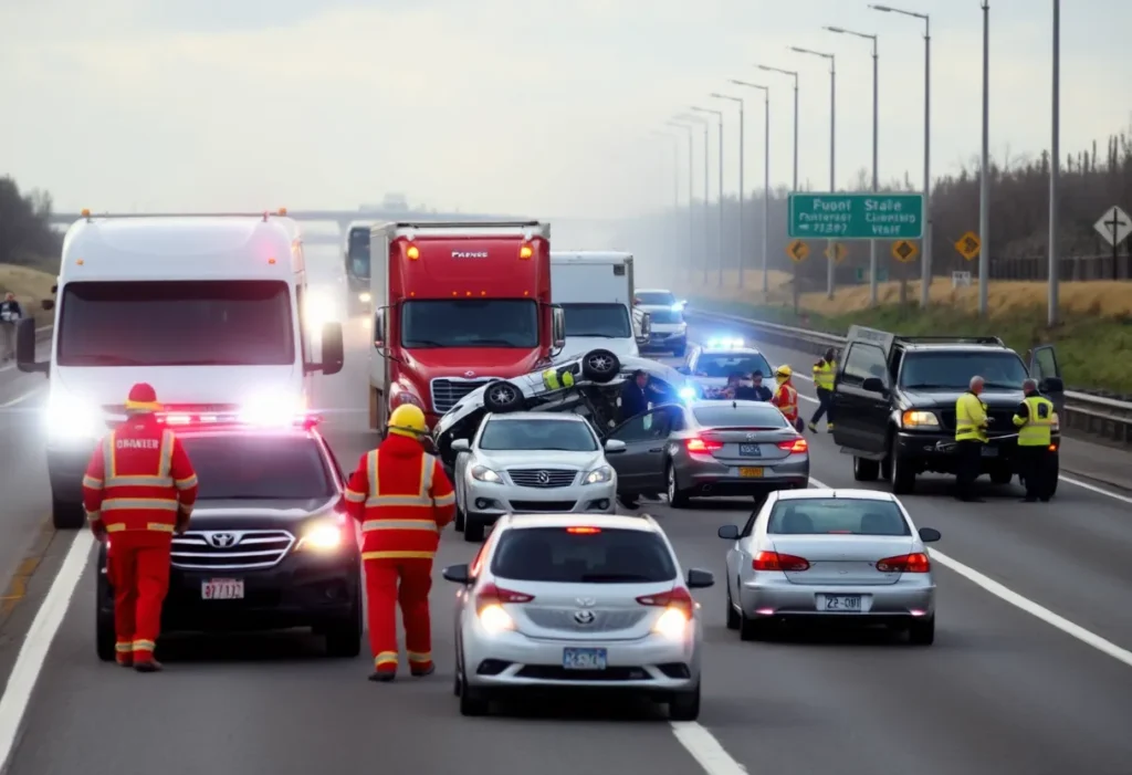 Scene of a multi-vehicle crash on State Road 417 with emergency responders