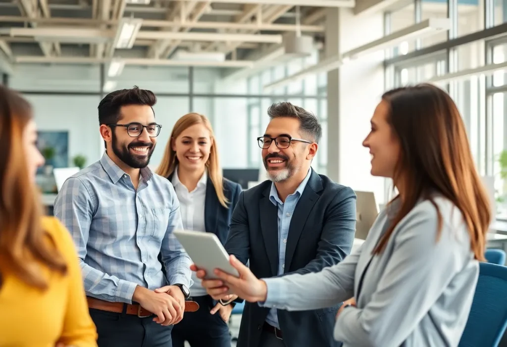 Happy employees working in a vibrant office setting at Navy Federal Credit Union