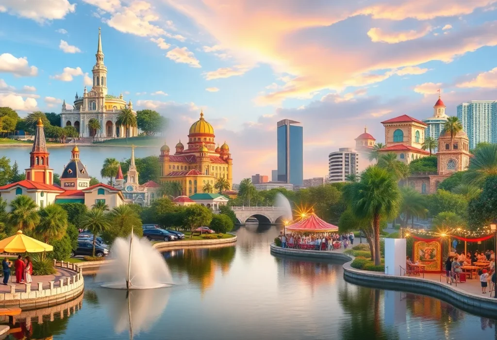 A collage of popular attractions in Orlando, including theme parks and serene lakes.