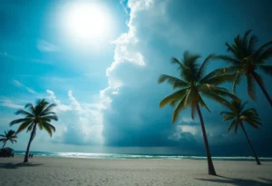 A beach scene in Orlando showing sunny skies with clouds indicating incoming rain.