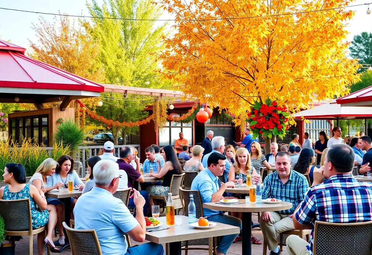 A lively outdoor dining scene in Orlando showcasing festive fall decorations.