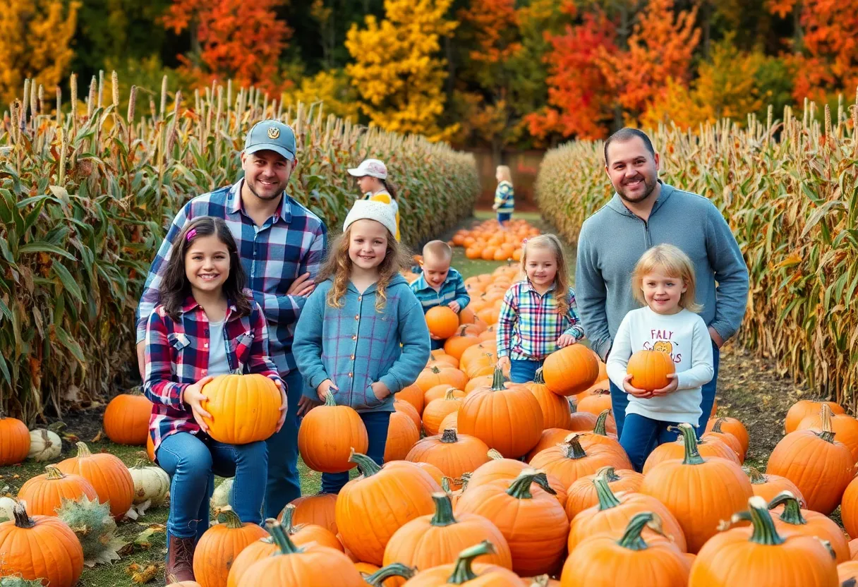 Families enjoying fall activities in Orlando's pumpkin patches and corn mazes.