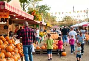 Families enjoying the Orlando Fall Festival with food, pumpkins, and festive decorations.