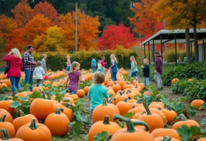 Families enjoying fall festivities in a pumpkin patch in Orlando