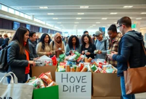 Community members donating food items at an airport.