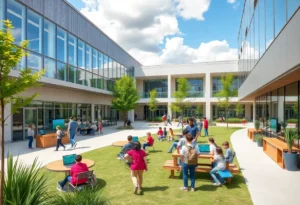 Orlando Gifted Academy new campus rendering with students