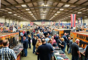 Crowd at the Orlando gun show with vendors and firearms