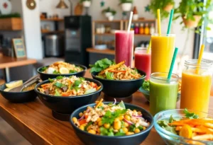 A variety of healthy lunch options displayed on a table, including bowls, smoothies, and salads.
