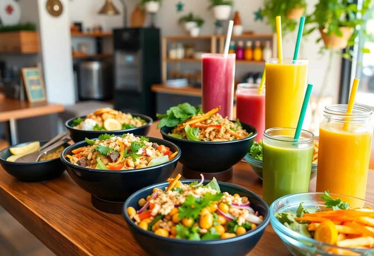 A variety of healthy lunch options displayed on a table, including bowls, smoothies, and salads.