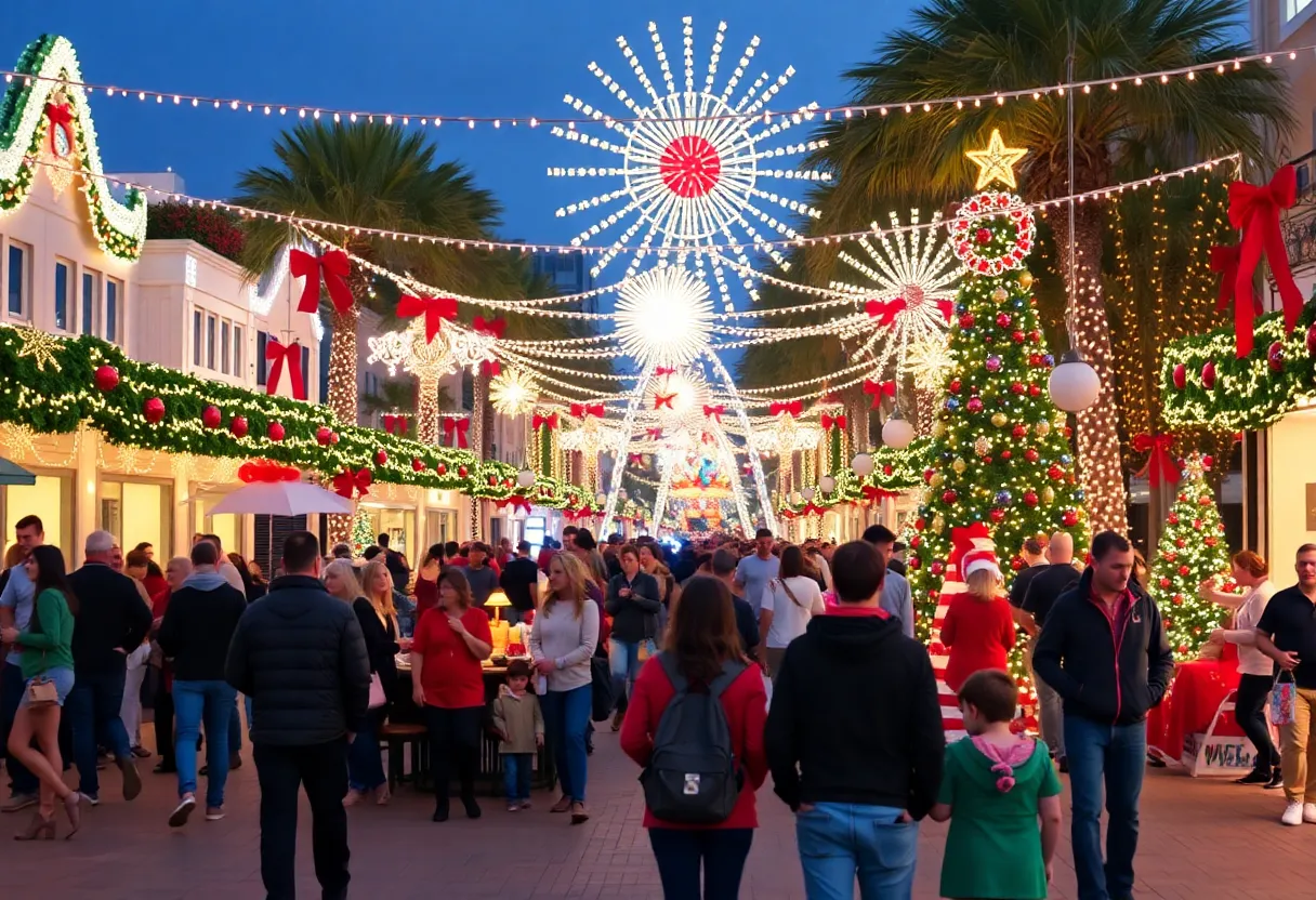 Families enjoying holiday events in Orlando with festive decorations.