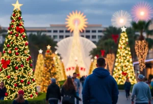 Families enjoying Orlando's holiday events with Christmas decorations and lights.