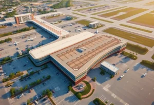 Aerial view of Orlando International Airport with expansion construction.