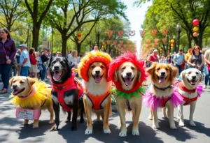 Dogs in costumes at the Orlando Pet Parade in a sunny park