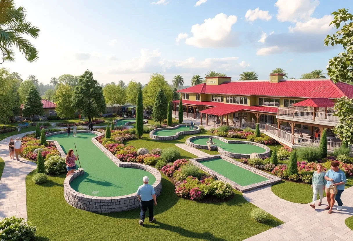 Rendering of Orlando PopStroke miniature golf complex with players