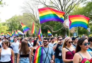 Crowd enjoying the Orlando Pride Festival with rainbow decorations