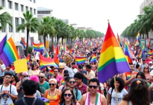 Crowd celebrating at Orlando Pride Parade with colorful banners