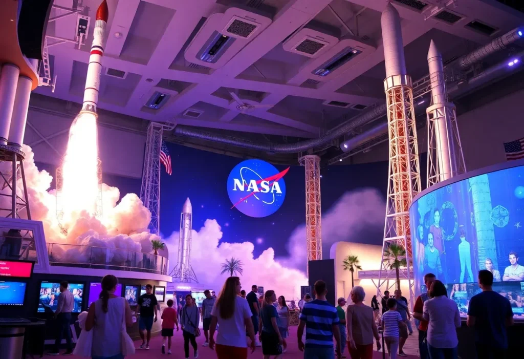 Families enjoying a space-themed attraction in Orlando featuring rocket exhibits and simulations.
