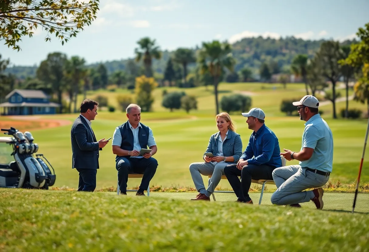 Marketing executives discussing strategies at a golf resort
