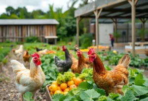 A community farm in Orlando showcasing fresh produce, chickens, and beehives.