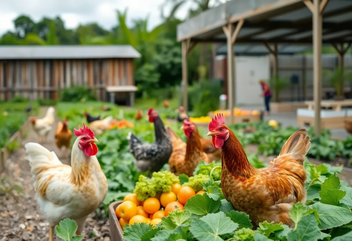 A community farm in Orlando showcasing fresh produce, chickens, and beehives.