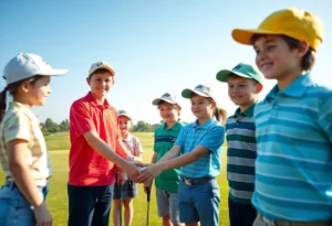 A young golfer on a beautiful Orlando golf course, demonstrating teamwork and determination