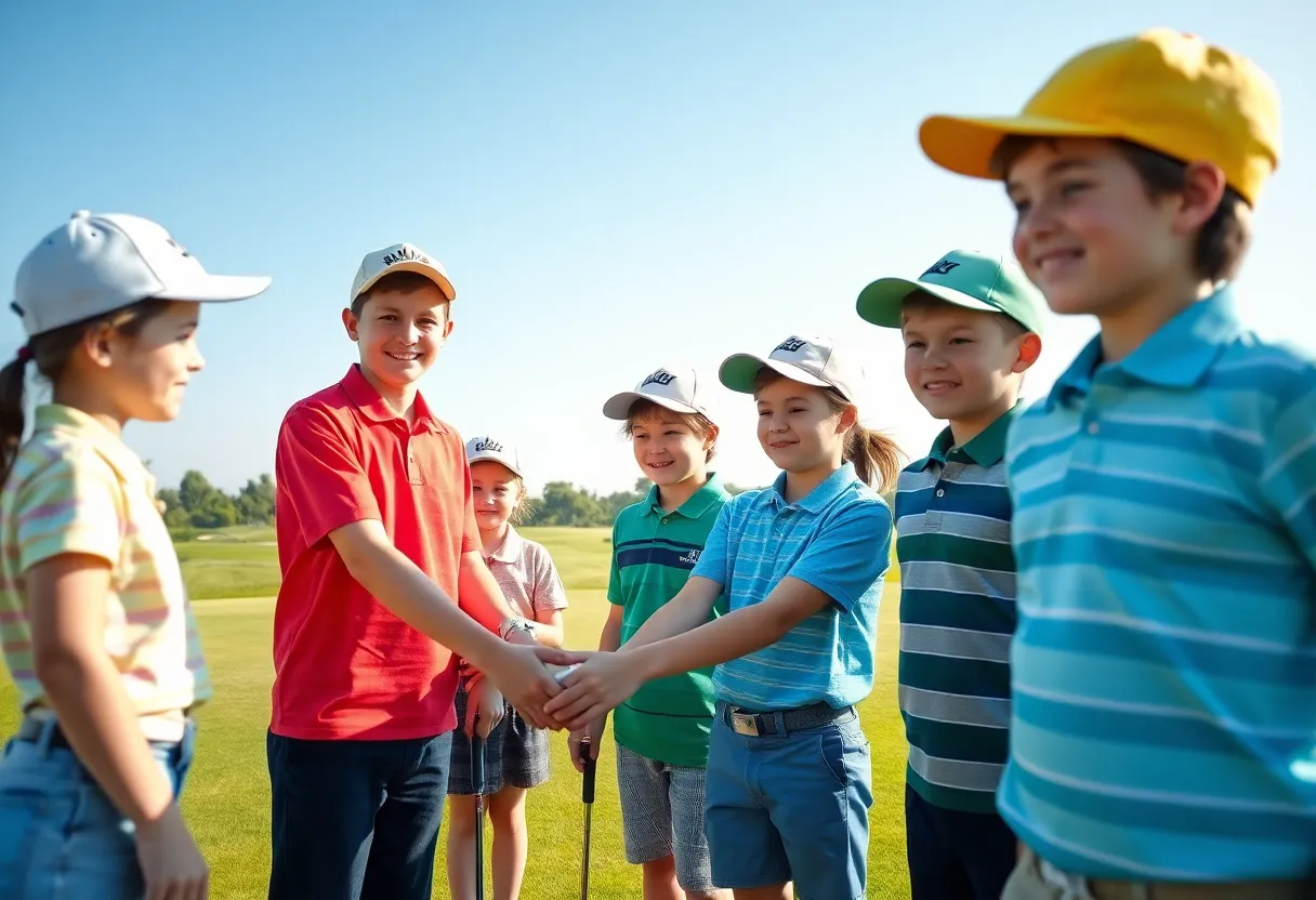 A young golfer on a beautiful Orlando golf course, demonstrating teamwork and determination
