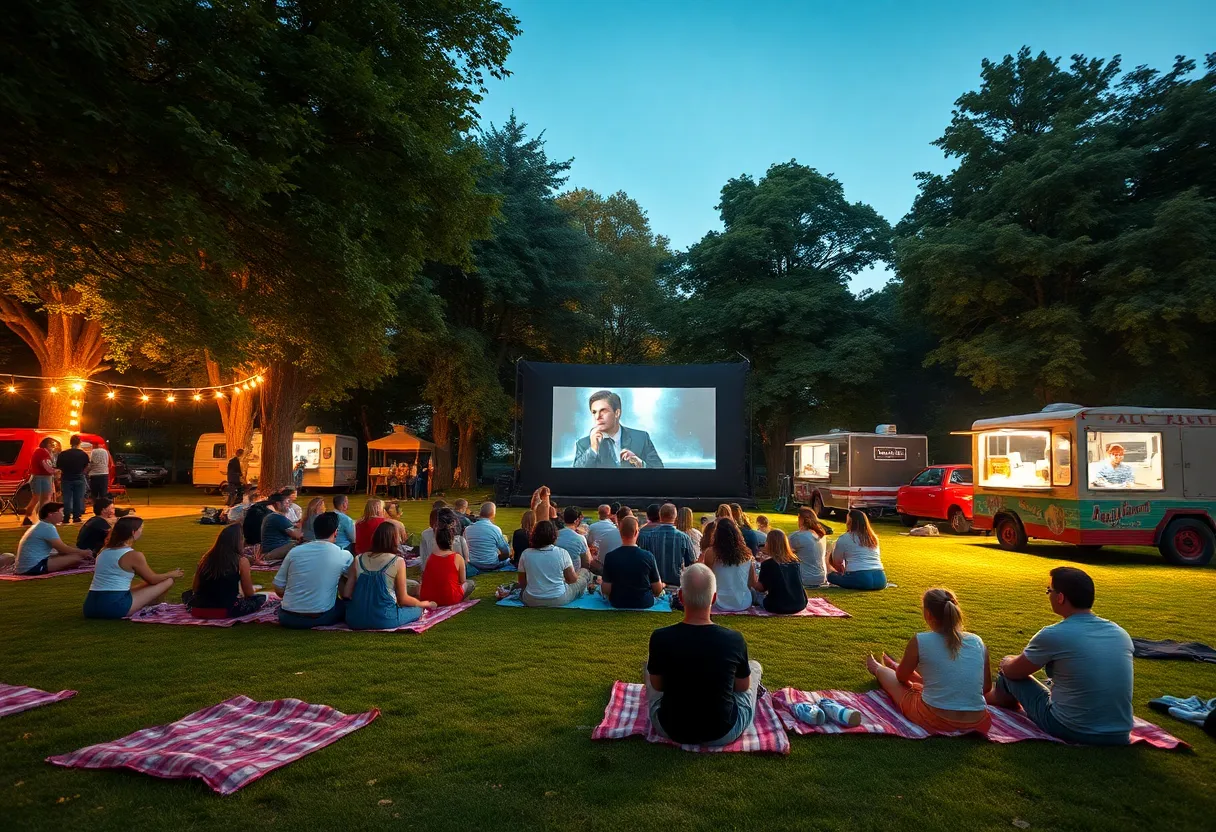People enjoying an outdoor movie in a park in Orlando