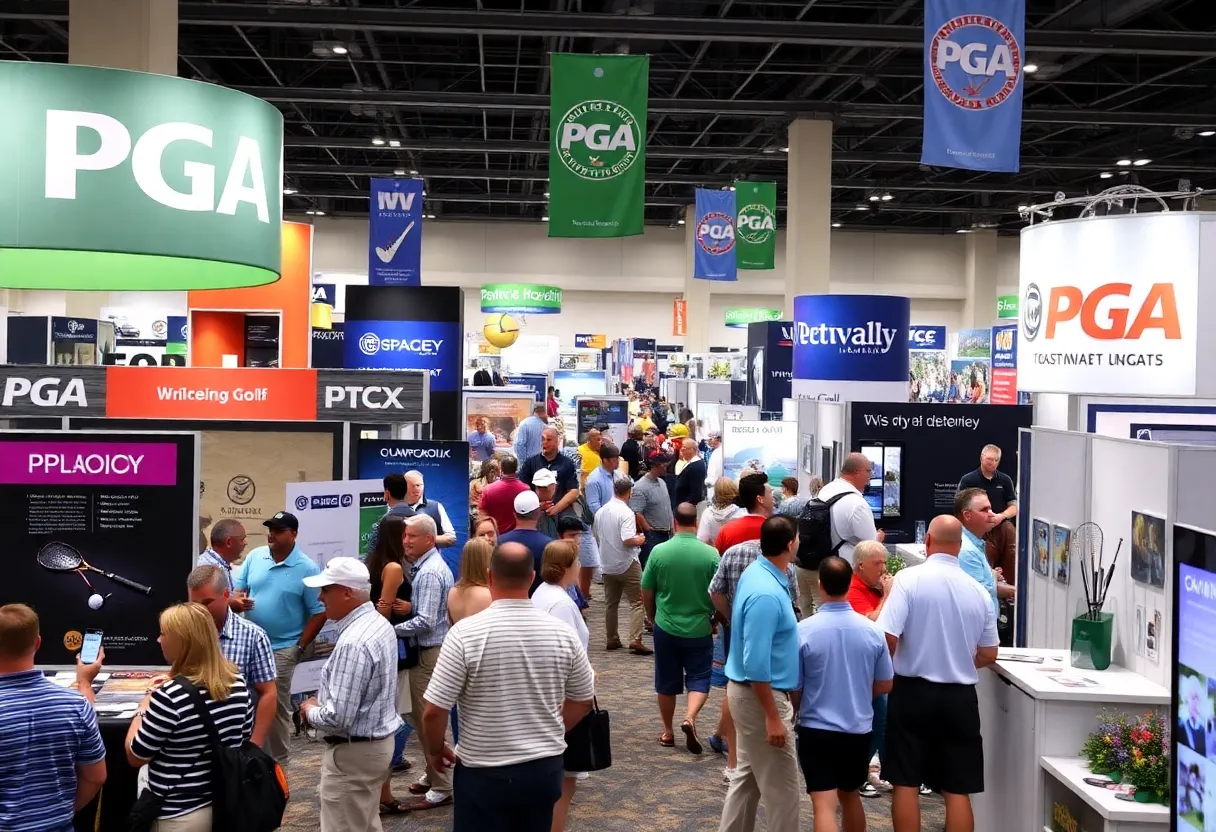 Attendees at the PGA Show in Orlando exploring golf and racquet sports exhibits.