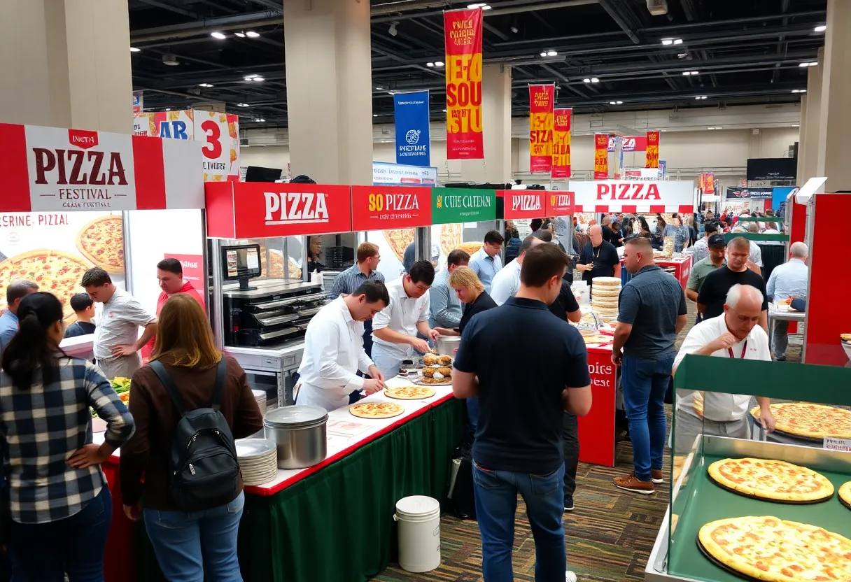 Scene of the Pizza Tomorrow Summit with booths and chefs