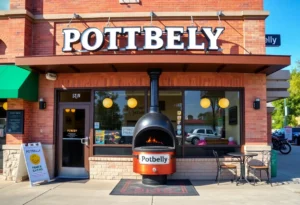 Exterior view of a Potbelly Sandwich restaurant in Orlando with outdoor seating