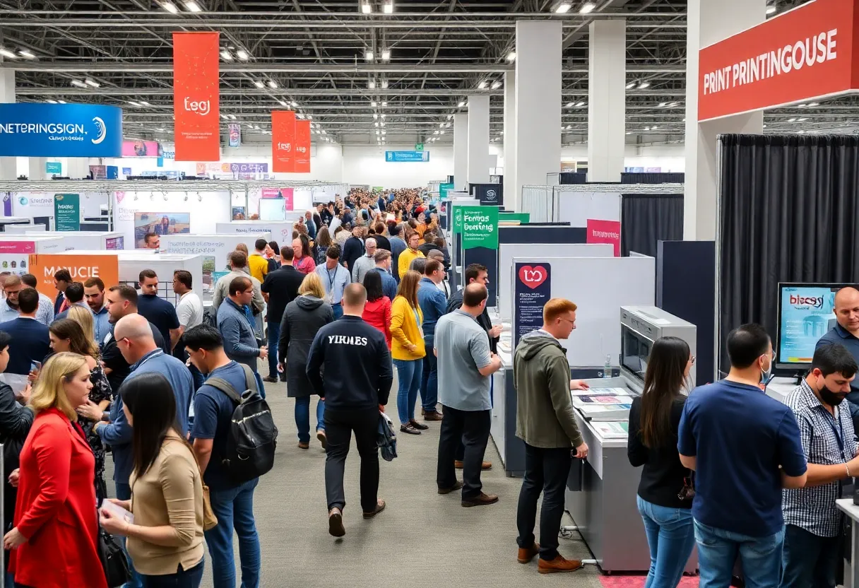 A bustling expo floor with attendees interacting with printing technology exhibits