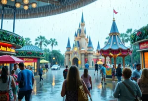 Visitors enjoying indoor attractions at Disney World during heavy rain.