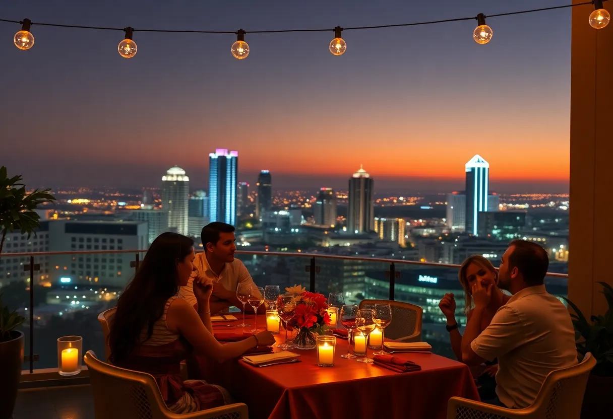 Couples enjoying a romantic dinner in Orlando with skyline views