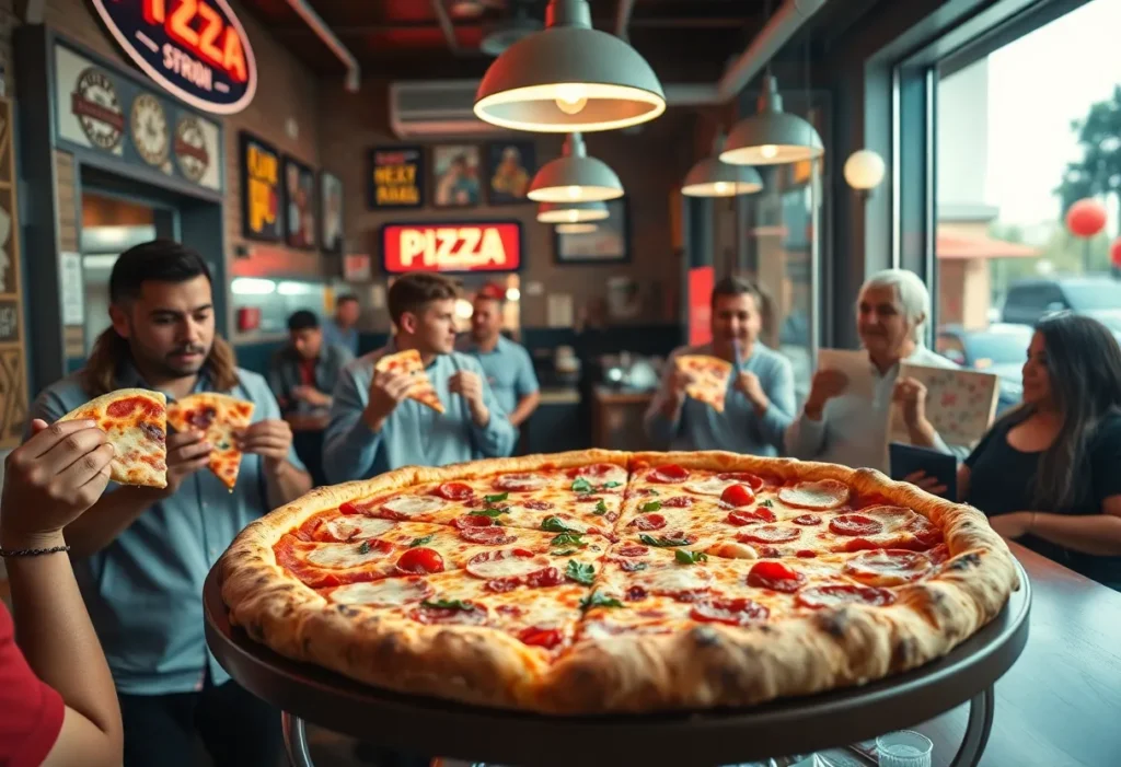 Interior of Sal's Pizza in Orlando with customers enjoying pizza