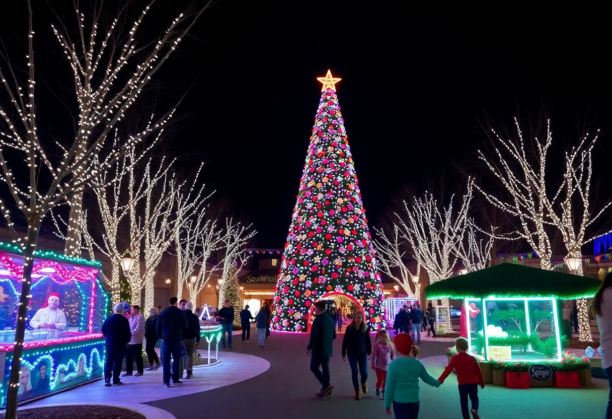 A view of SeaWorld Orlando's Christmas Celebration with bright lights and a large tree