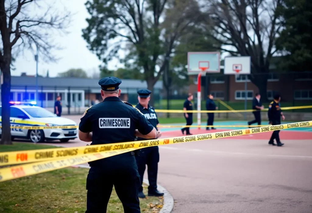 Police vehicles and crime scene tape at Vogt-Meloon Park near Oak Ridge High School.