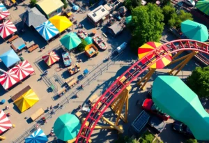Vibrant amusement park scene featuring a roller coaster ride with guests.
