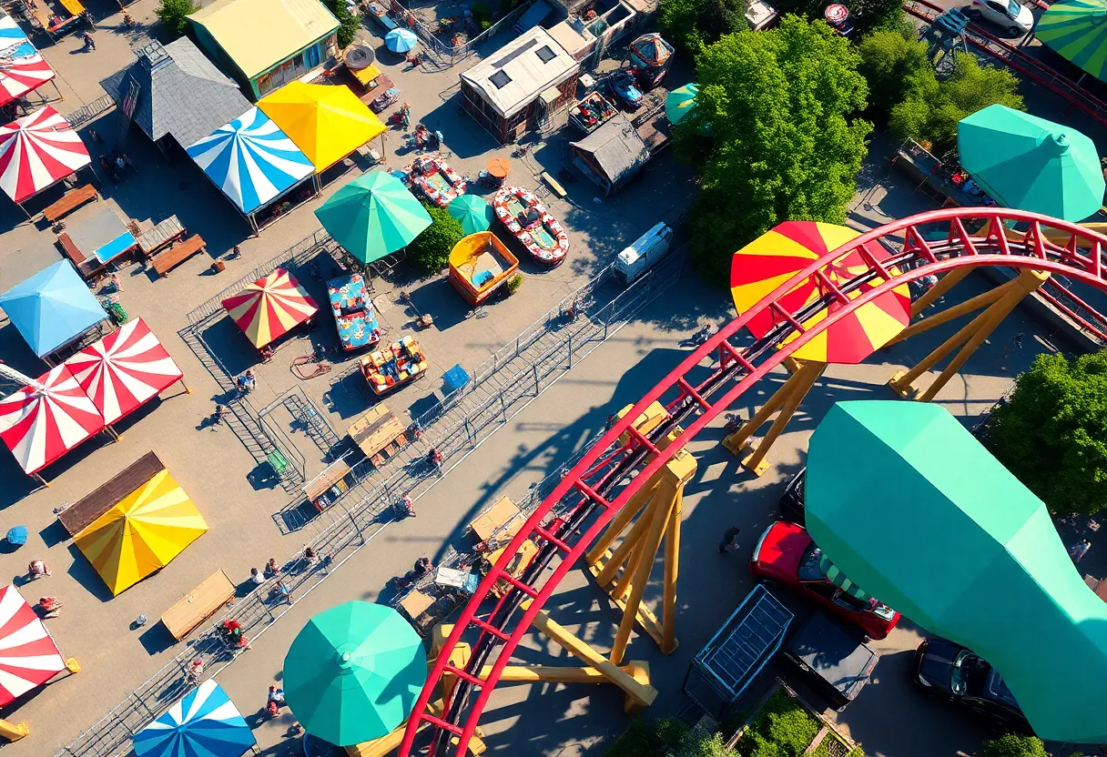 Vibrant amusement park scene featuring a roller coaster ride with guests.