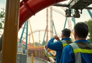 A roller coaster at Universal Orlando with safety signage