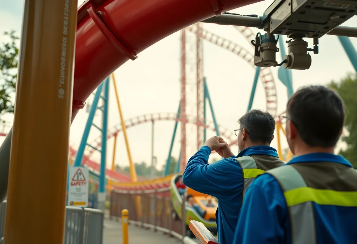 A roller coaster at Universal Orlando with safety signage