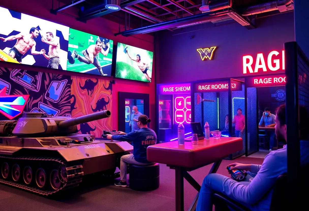 Various stress relief activities including wrestling, tank driving, and axe throwing in Orlando