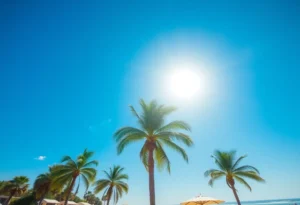 Sunny beach day in Orlando Florida with palm trees and clear skies.