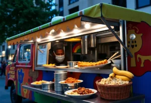 Food truck offering West African cuisine with suya kebabs and jollof rice.
