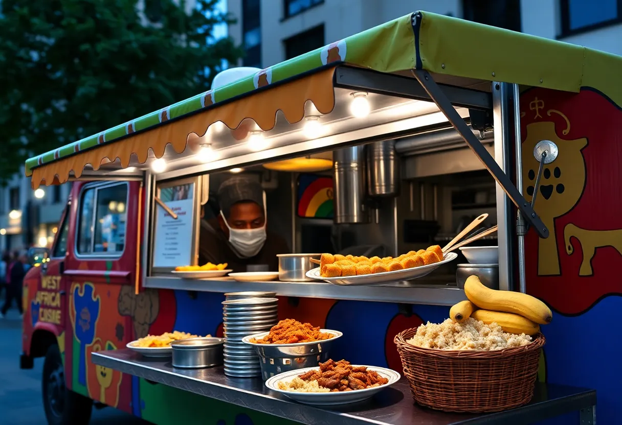 Food truck offering West African cuisine with suya kebabs and jollof rice.